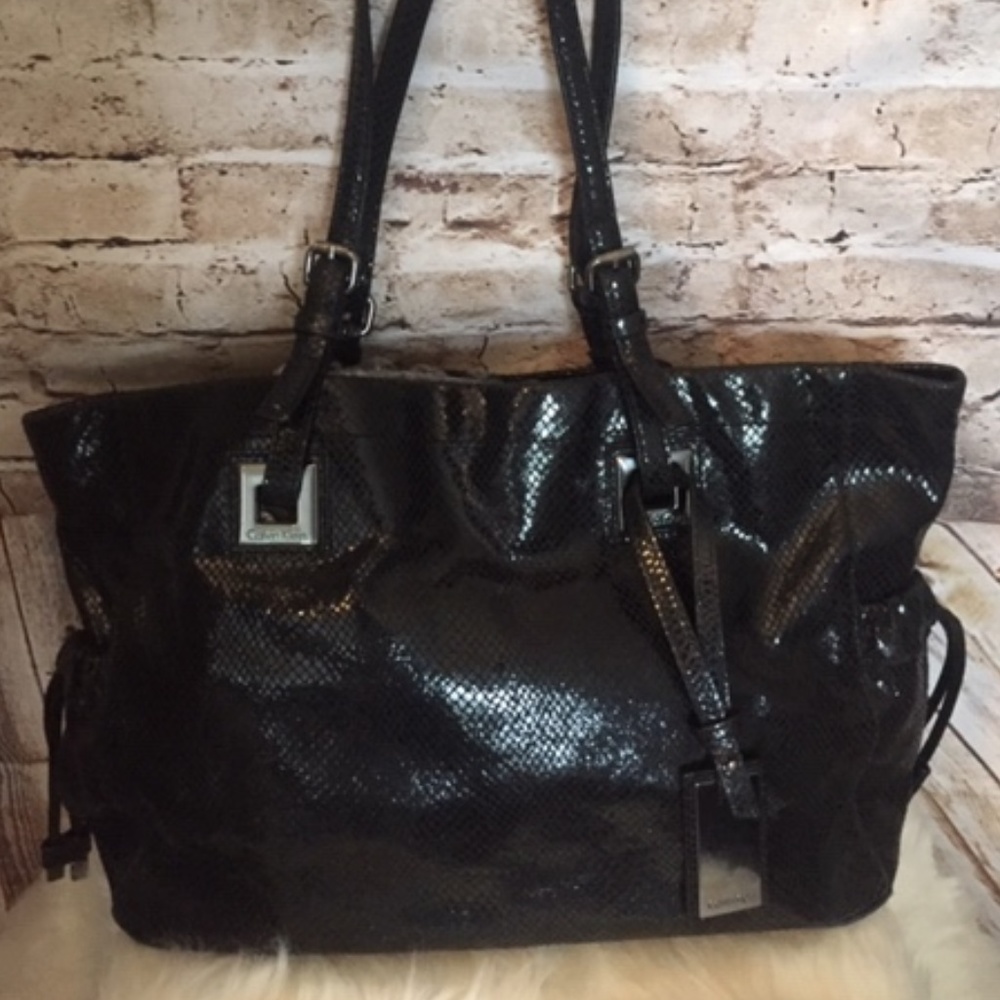 Calvin Klein shiny black snakeskin-look purse